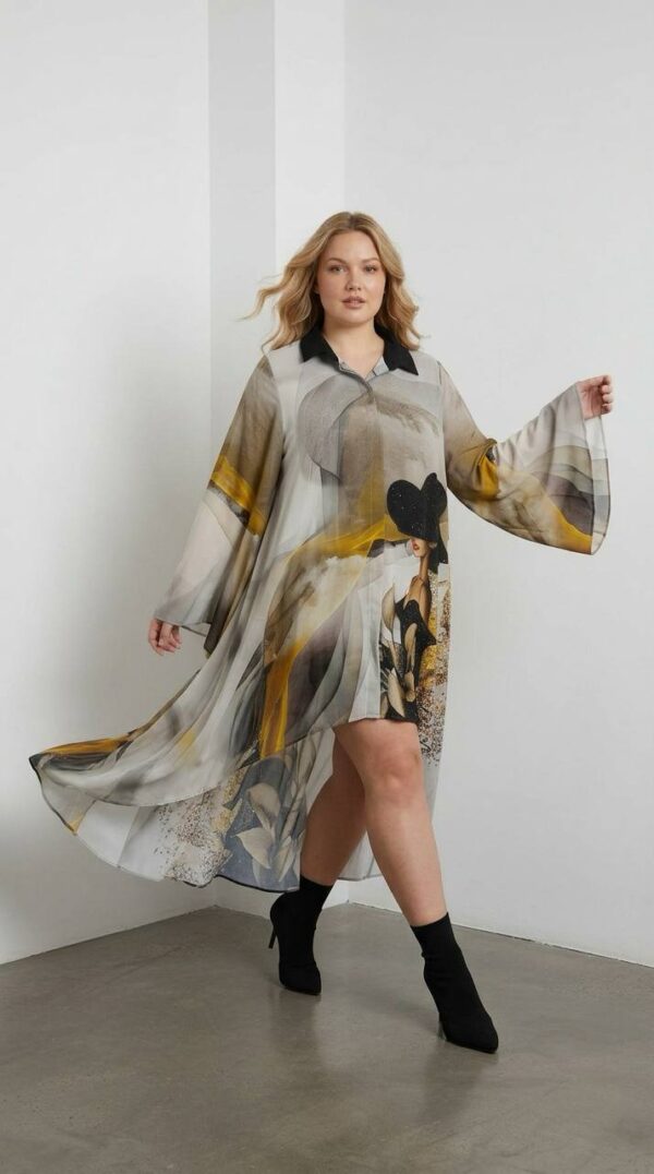 Elegant Abstract Print High-Low Oversized Shirt Dress