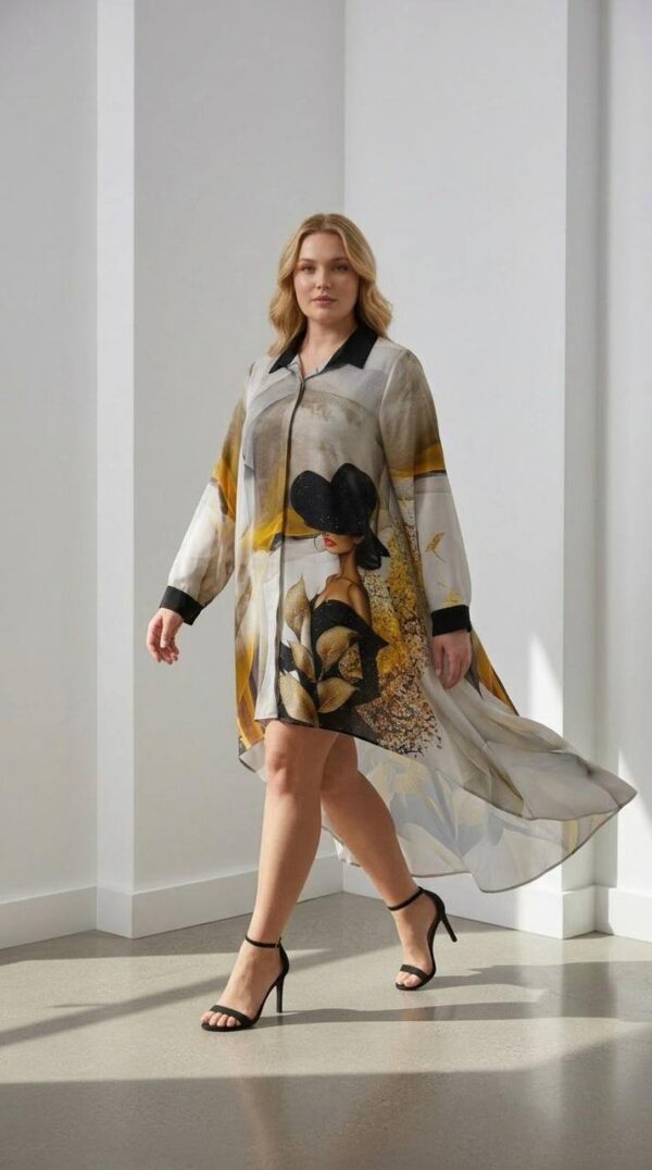 Elegant Abstract Print High-Low Oversized Shirt Dress