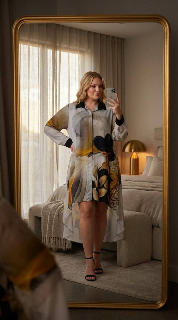 Elegant Abstract Print High-Low Oversized Shirt Dress