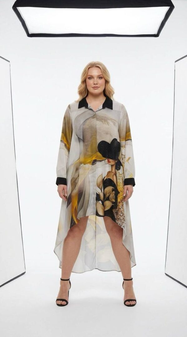Elegant Abstract Print High-Low Oversized Shirt Dress