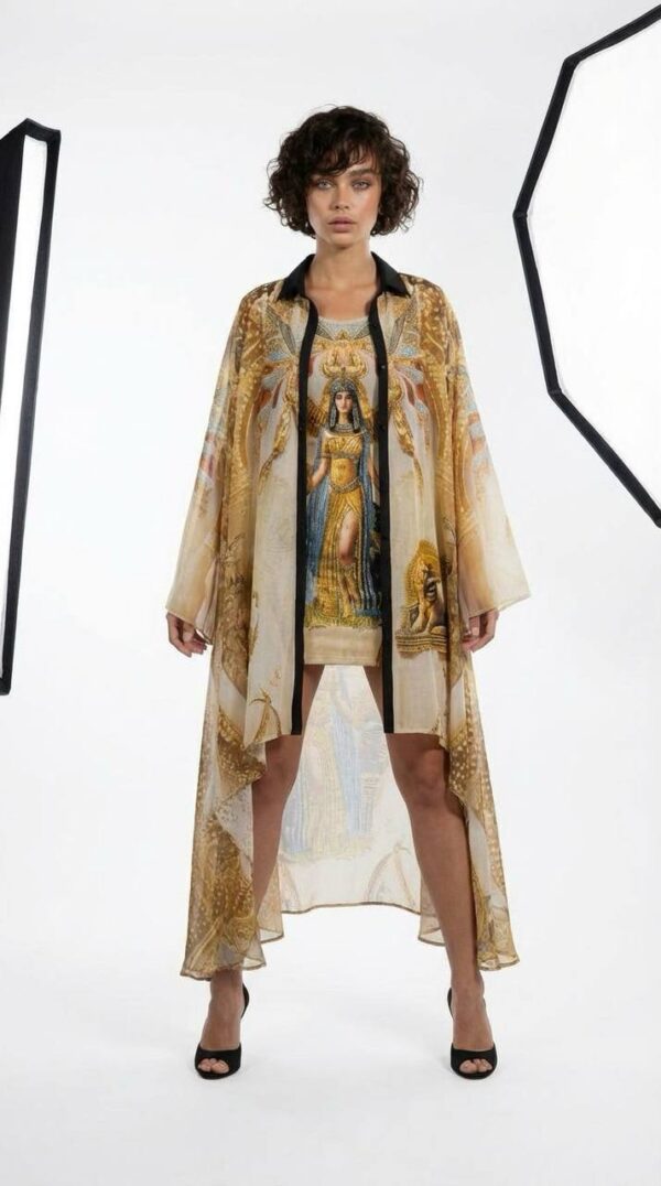 Egyptian Print Two-Piece Dress and Kimono Set