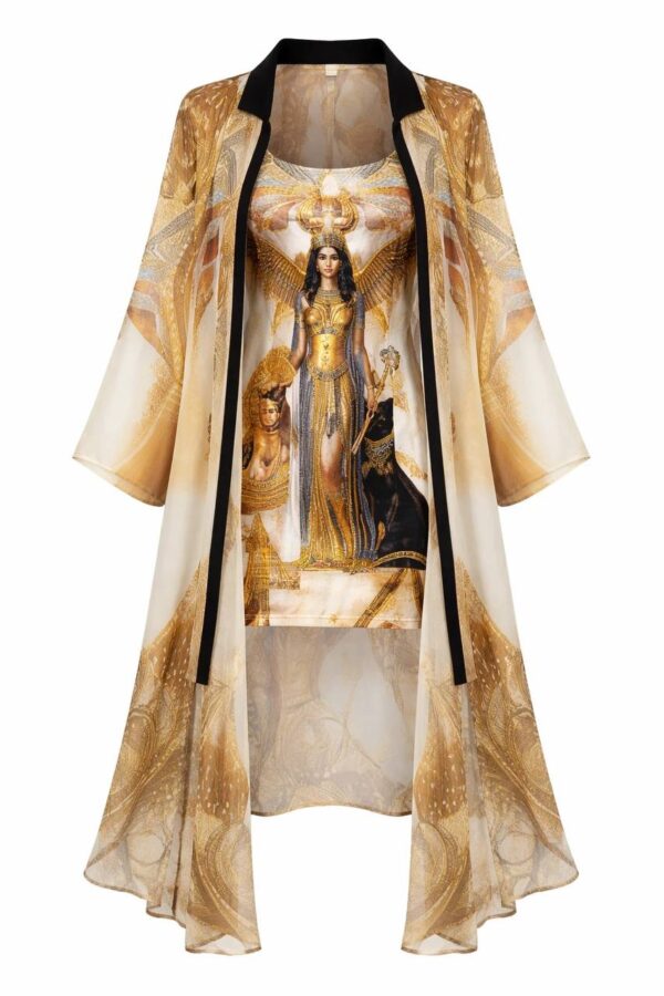 Egyptian Print Two-Piece Dress and Kimono Set