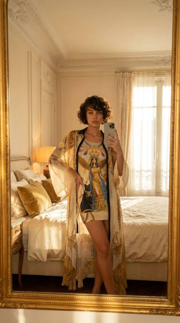 Egyptian Print Two-Piece Dress and Kimono Set