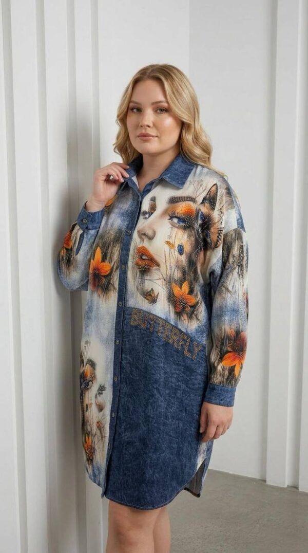 Chic Graphic Print Denim Shirt Mini Dress