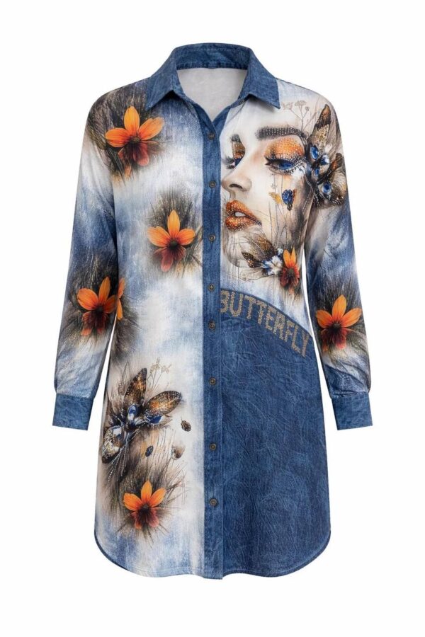 Chic Graphic Print Denim Shirt Mini Dress