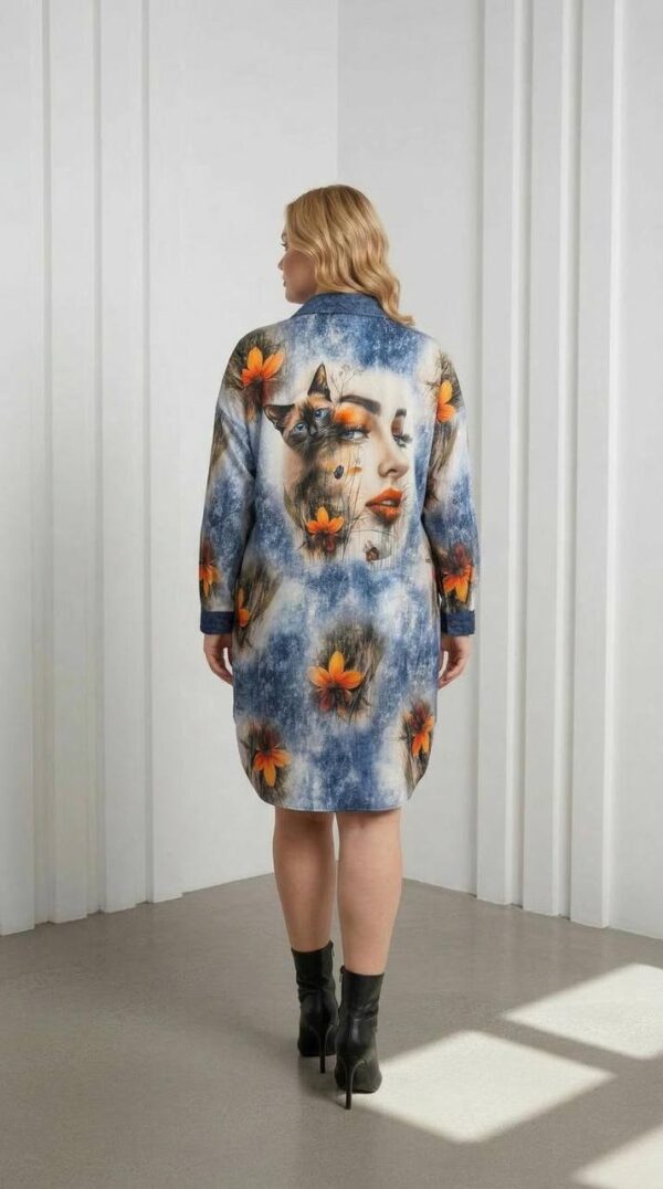 Chic Graphic Print Denim Shirt Mini Dress