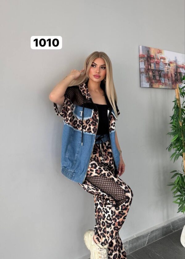 Urban Leopard & Denim Mix Hooded Tracksuit Set