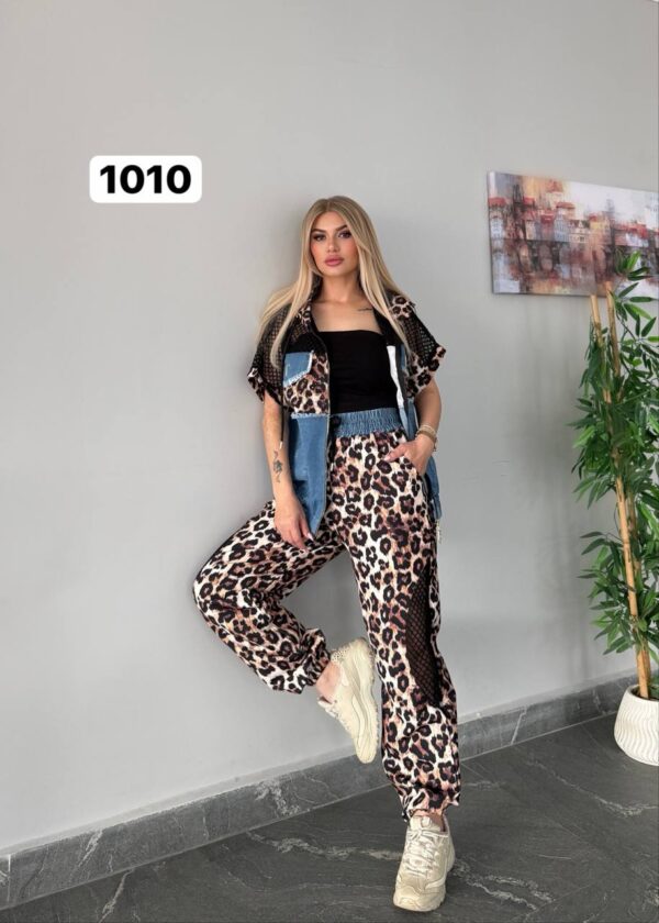 Urban Leopard & Denim Mix Hooded Tracksuit Set