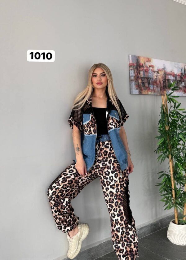 Urban Leopard & Denim Mix Hooded Tracksuit Set