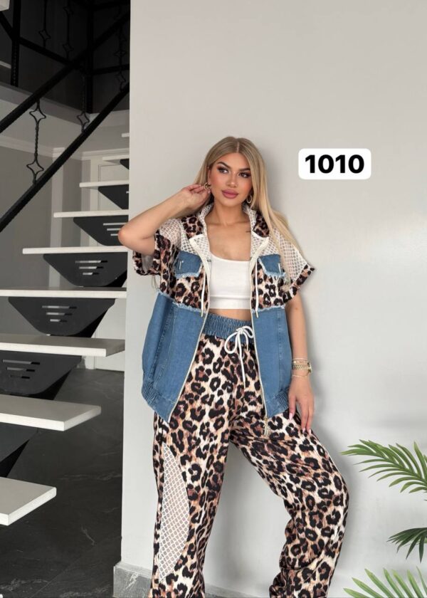 Urban Leopard & Denim Mix Hooded Tracksuit Set