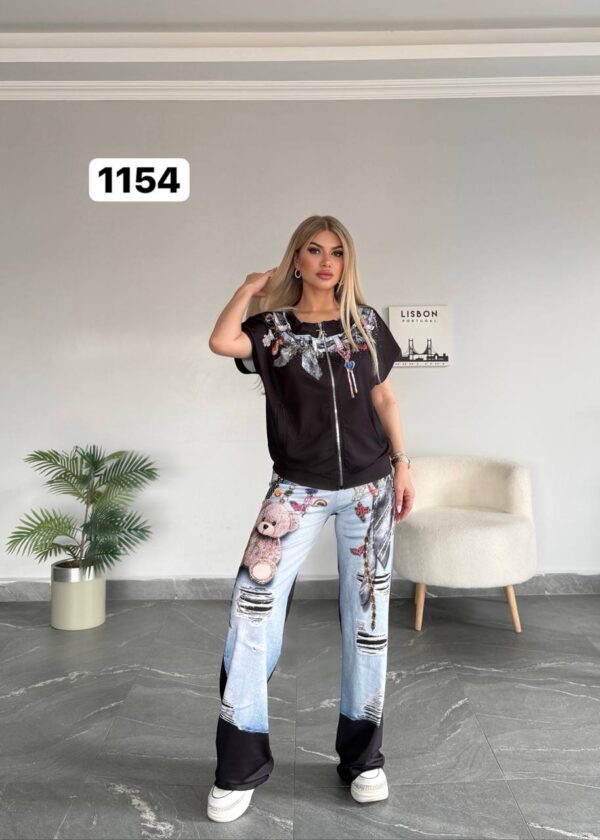 Graphic Print Denim-Effect Tracksuit Set