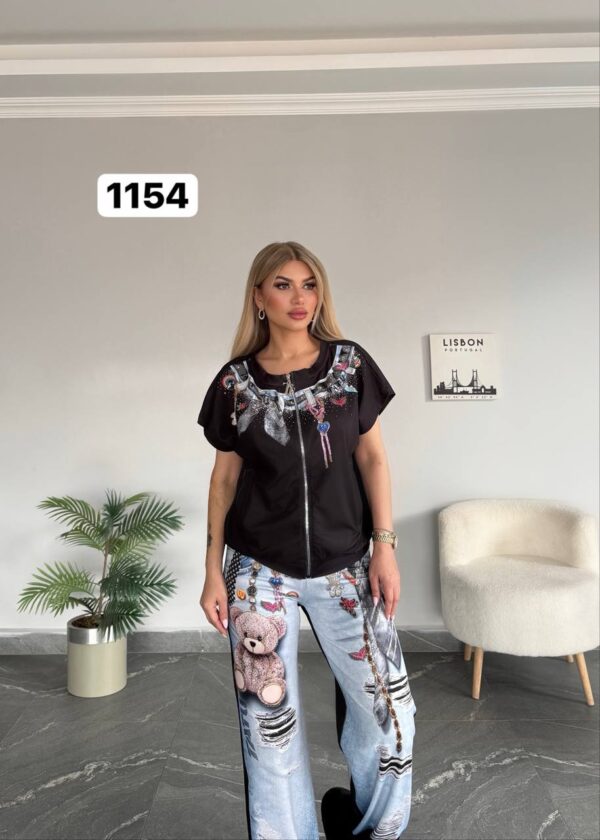 Graphic Print Denim-Effect Tracksuit Set