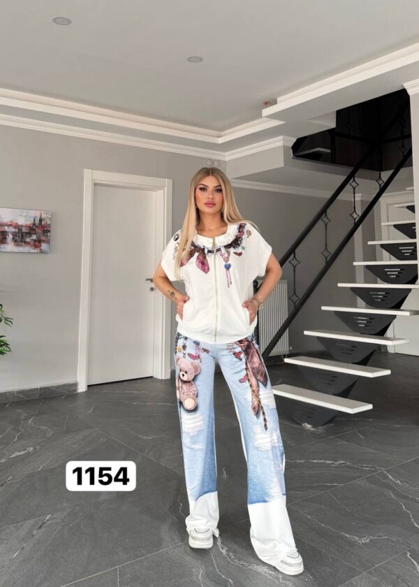 Graphic Print Denim-Effect Tracksuit Set