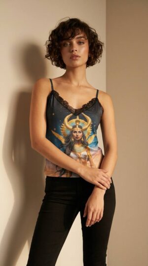 Goddess Print Satin Camisole with Lace Trim