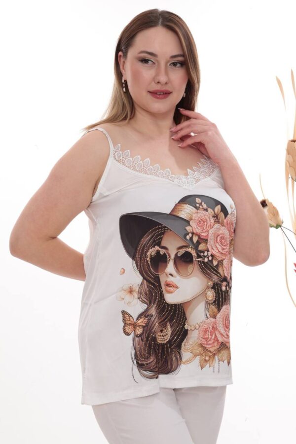 Graphic Print Sateen Camisole with Lace Trim