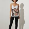 Graphic Print Sateen Camisole with Lace Trim
