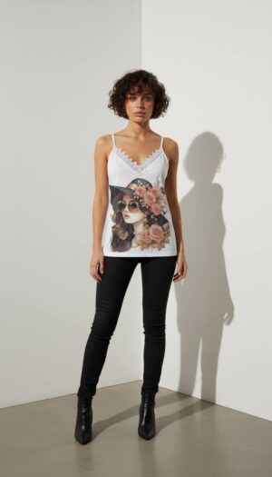 Graphic Print Sateen Camisole with Lace Trim
