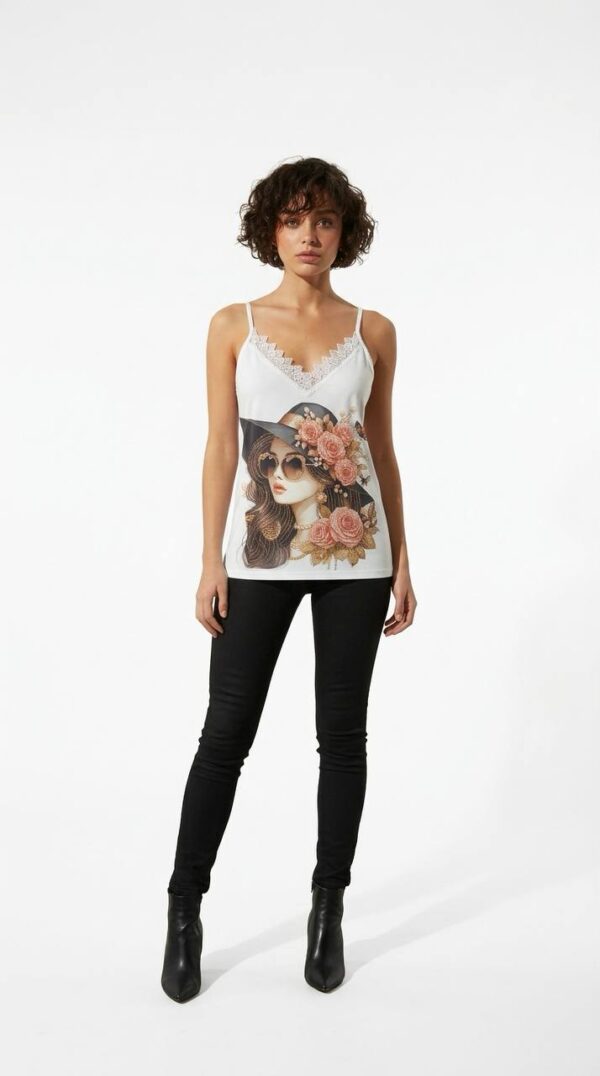 Graphic Print Sateen Camisole with Lace Trim