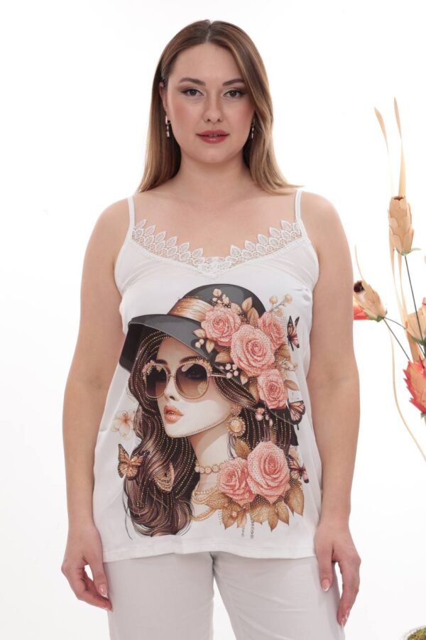 Graphic Print Sateen Camisole with Lace Trim