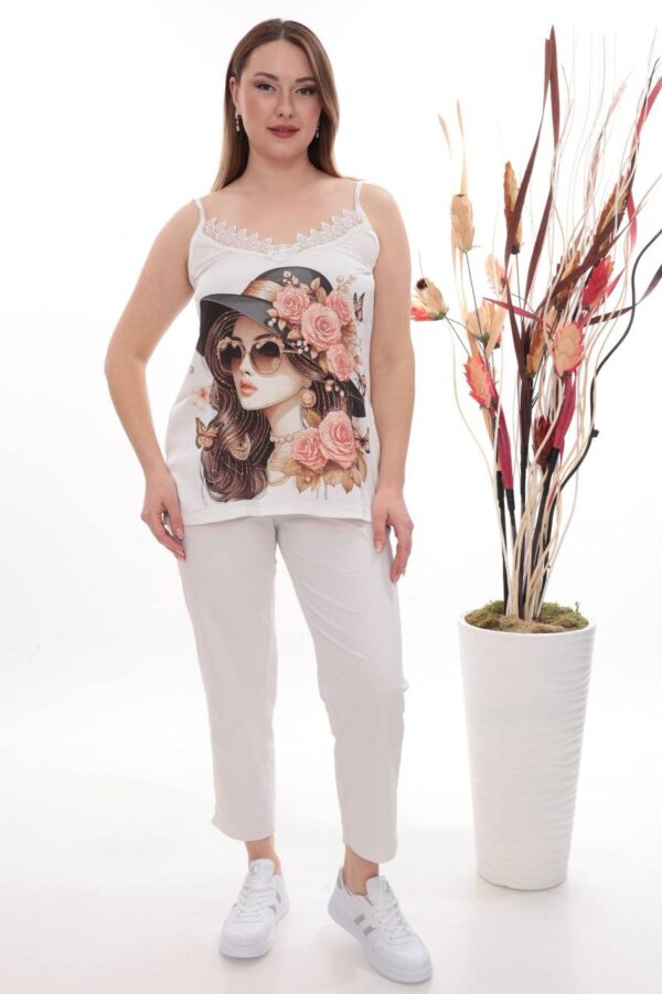 Graphic Print Sateen Camisole with Lace Trim