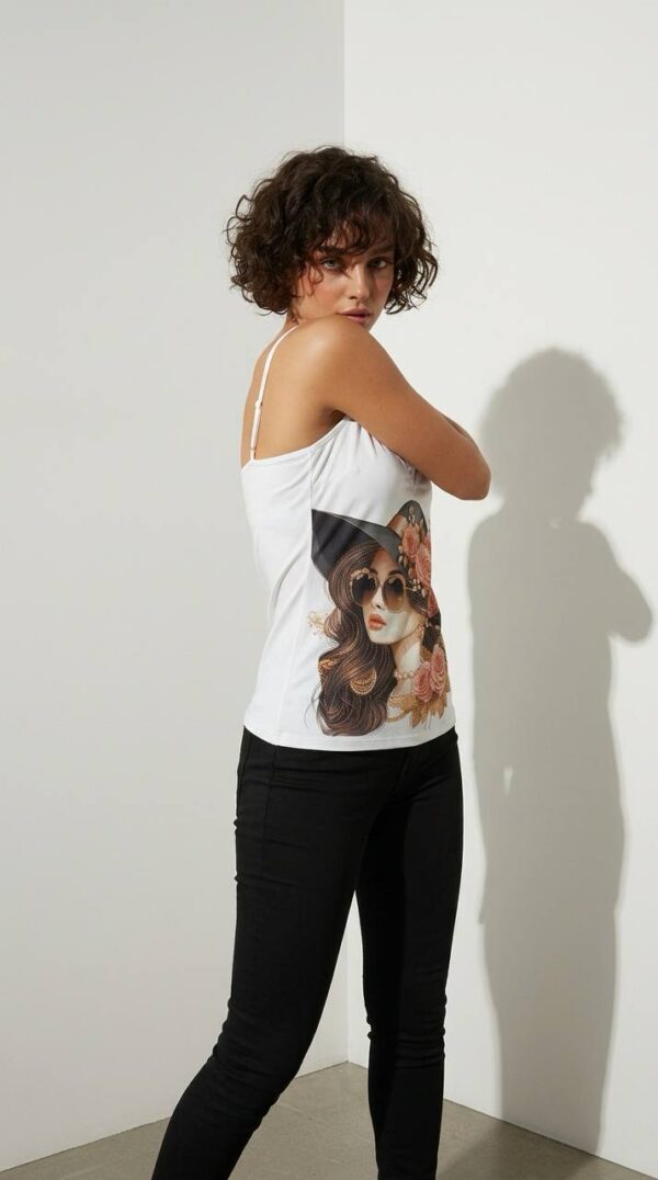 Graphic Print Sateen Camisole with Lace Trim