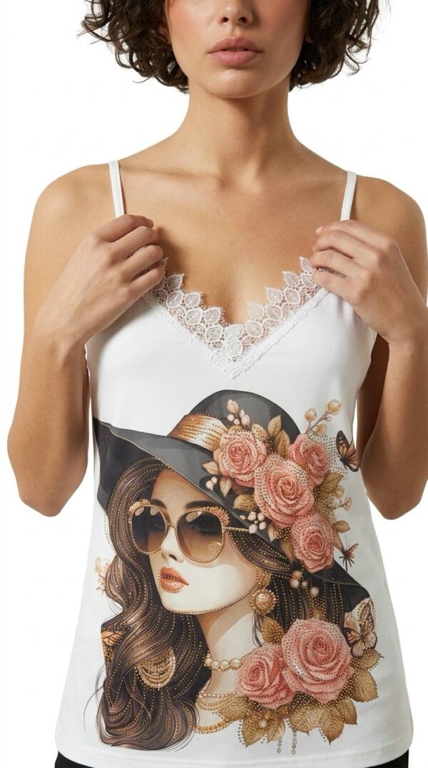 Graphic Print Sateen Camisole with Lace Trim