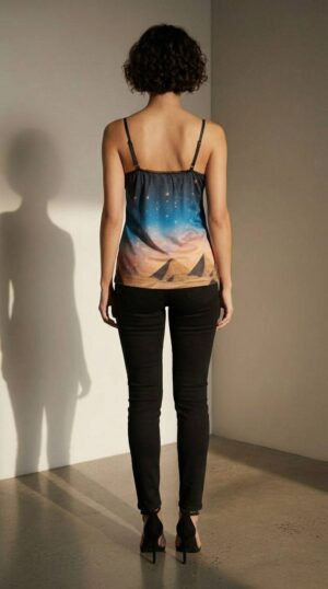 Goddess Print Satin Camisole with Lace Trim