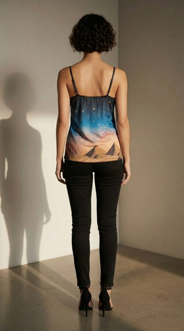 Goddess Print Satin Camisole with Lace Trim