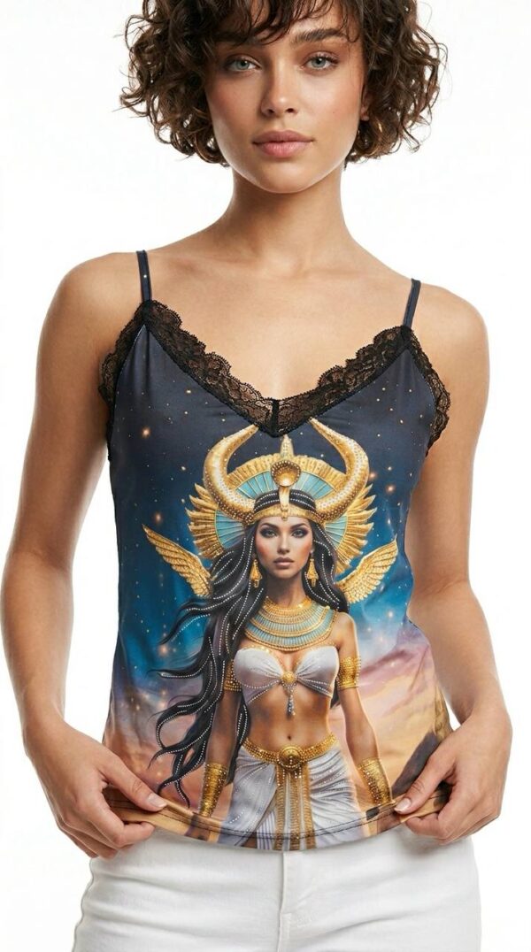 Goddess Print Satin Camisole with Lace Trim