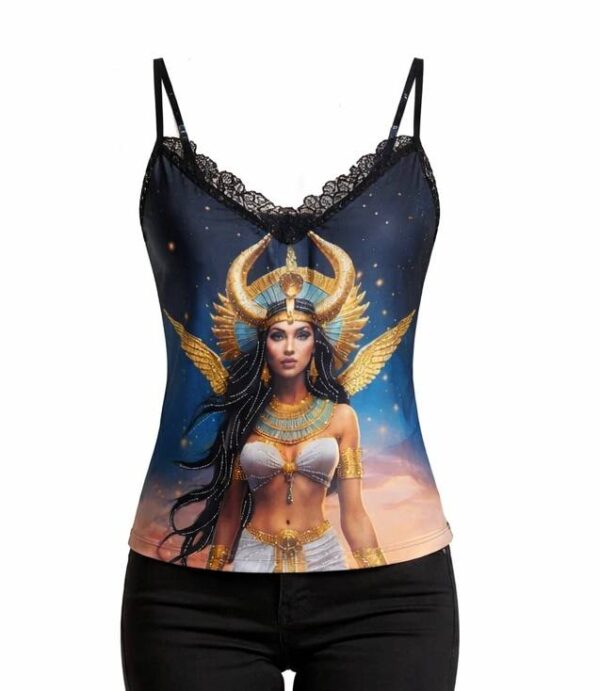 Goddess Print Satin Camisole with Lace Trim