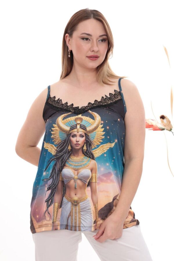 Goddess Print Satin Camisole with Lace Trim