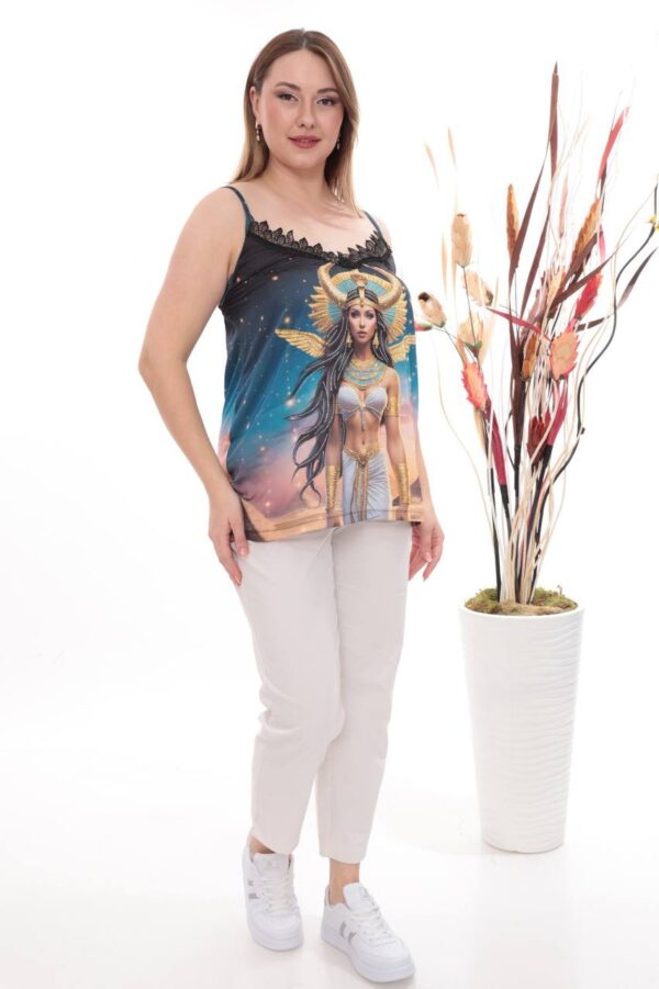 Goddess Print Satin Camisole with Lace Trim