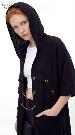Grommet Detail Hooded Longline Cardigan