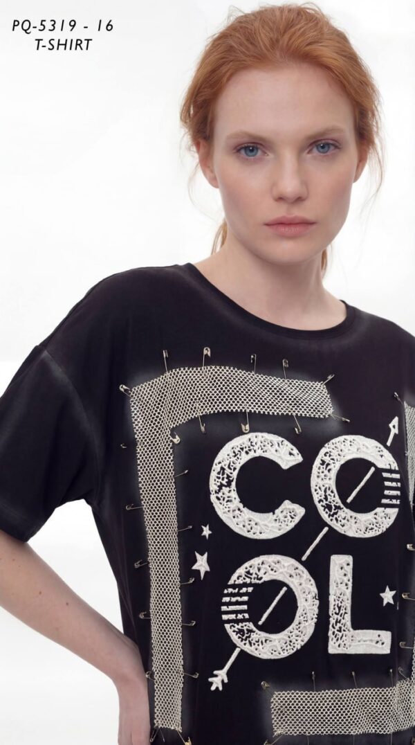 Embellished 'COOL' Graphic Tee with Safety Pin Detail