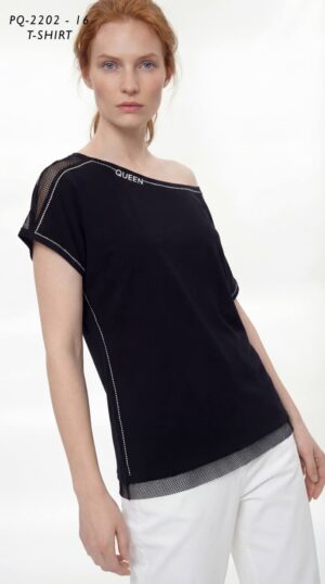 Asymmetric 'Queen' T-Shirt with Mesh & Stud Trim
