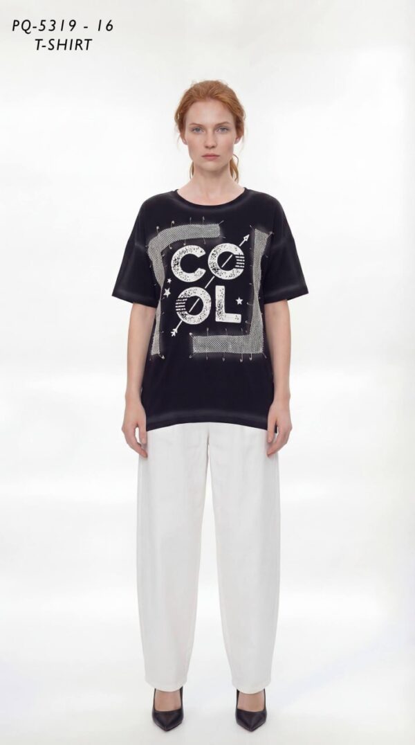 Embellished 'COOL' Graphic Tee with Safety Pin Detail