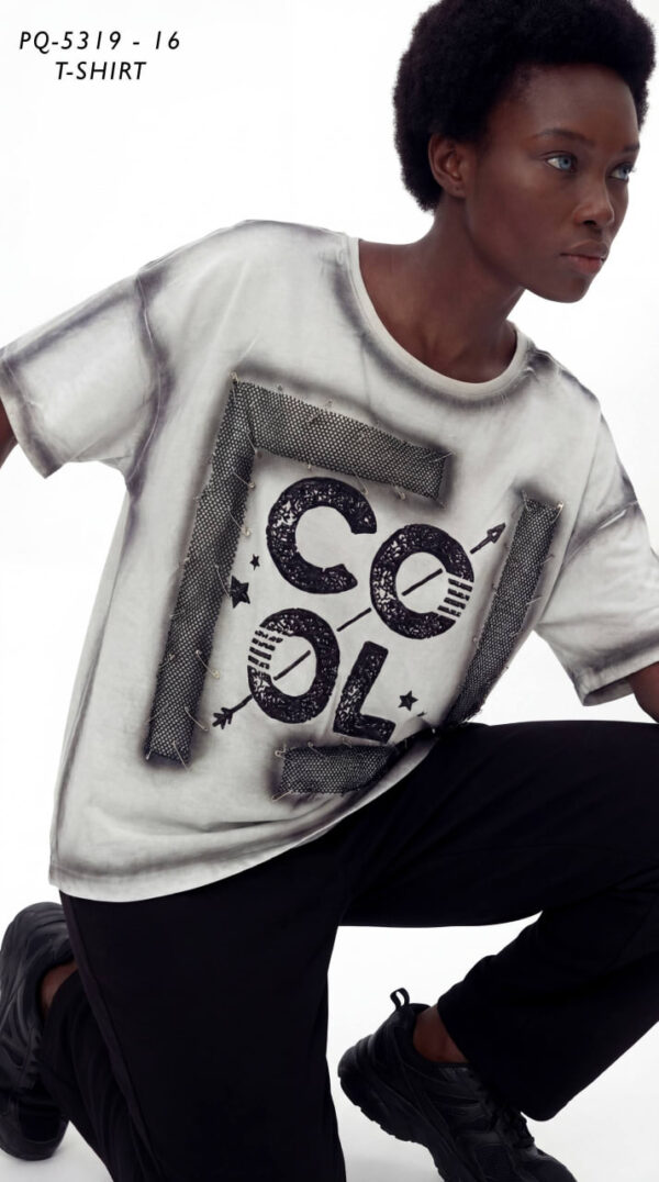Embellished 'COOL' Graphic Tee with Safety Pin Detail