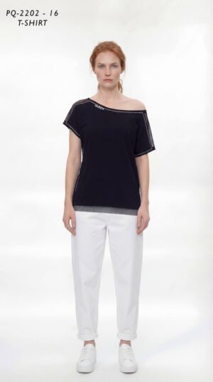 Asymmetric 'Queen' T-Shirt with Mesh & Stud Trim