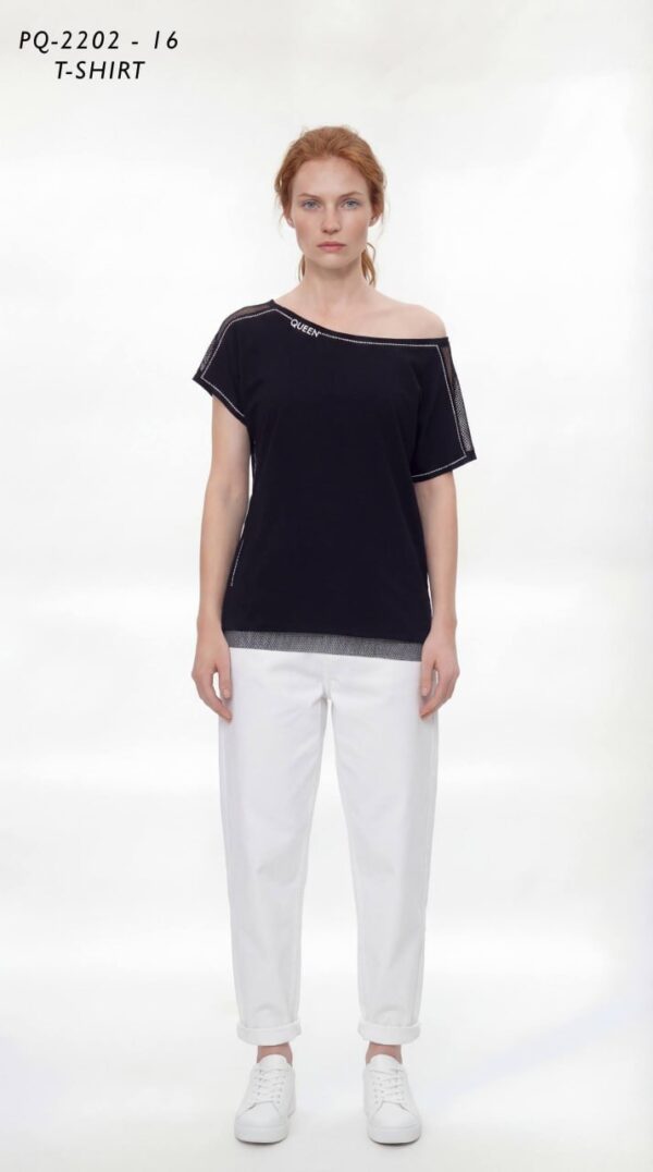 Asymmetric 'Queen' T-Shirt with Mesh & Stud Trim