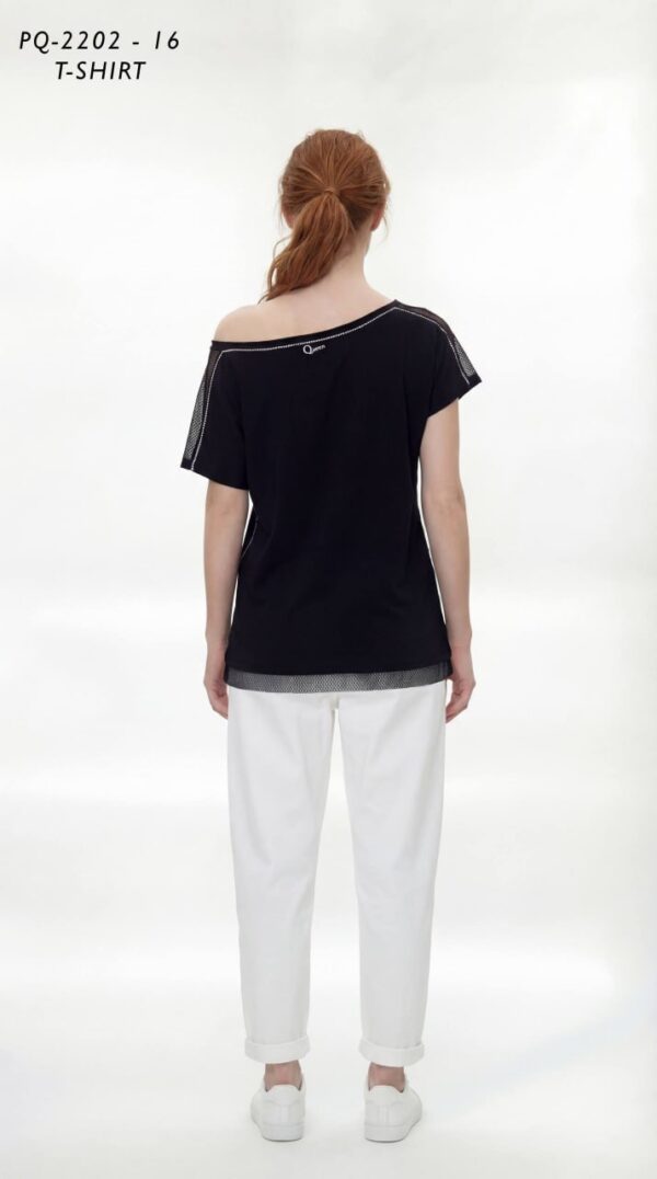 Asymmetric 'Queen' T-Shirt with Mesh & Stud Trim