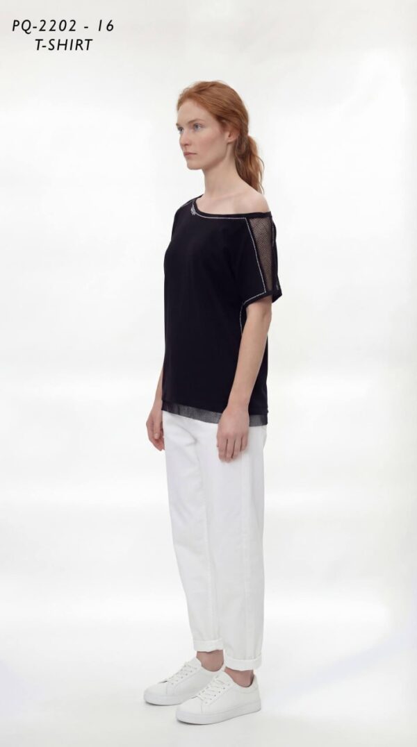 Asymmetric 'Queen' T-Shirt with Mesh & Stud Trim