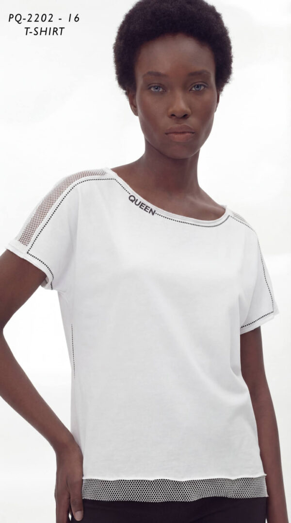 Asymmetric 'Queen' T-Shirt with Mesh & Stud Trim
