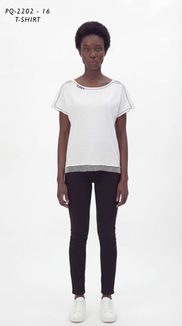 Asymmetric 'Queen' T-Shirt with Mesh & Stud Trim