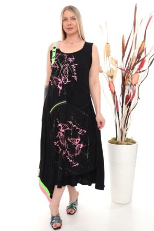 Asymmetrical Maxi Dress with Neon Butterfly Print