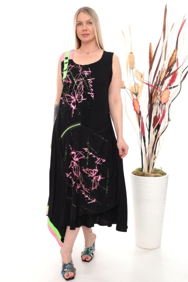 Asymmetrical Maxi Dress with Neon Butterfly Print
