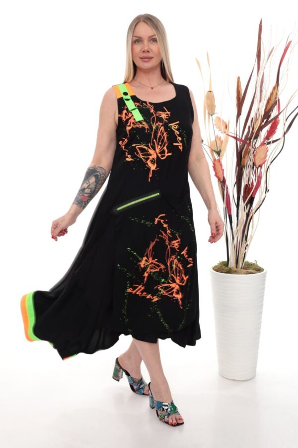 Asymmetrical Maxi Dress with Neon Butterfly Print