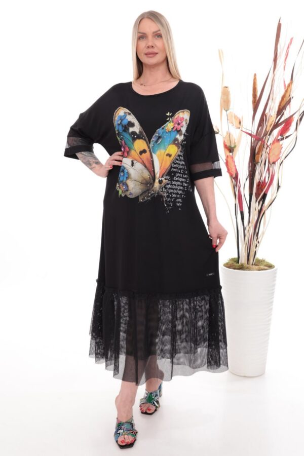 Chic Butterfly Print Dress with Sheer Tulle Accents