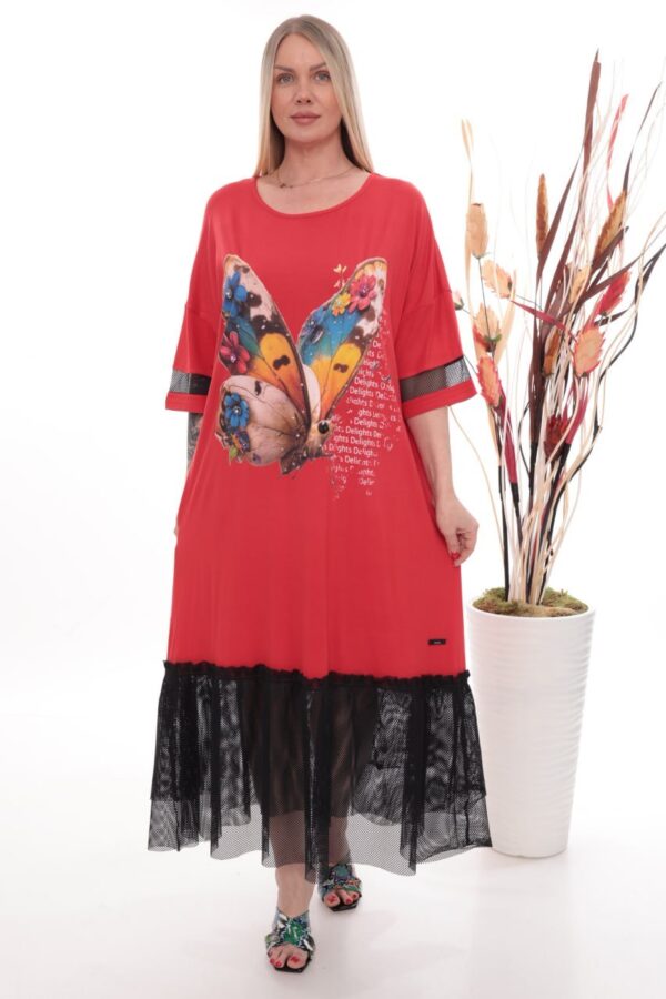 Chic Butterfly Print Dress with Sheer Tulle Accents