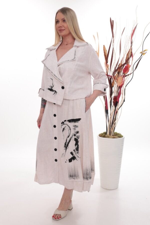 Artistic Ink-Wash Print Linen Two-Piece Ensemble