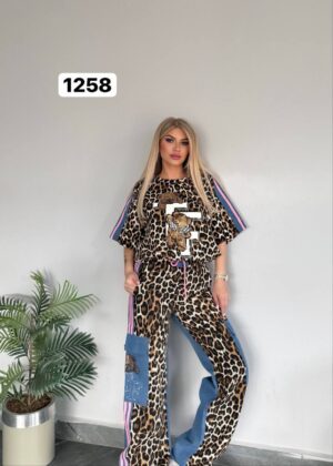 Leopard Print & Denim Combo Tracksuit with Sequin Bear Motif